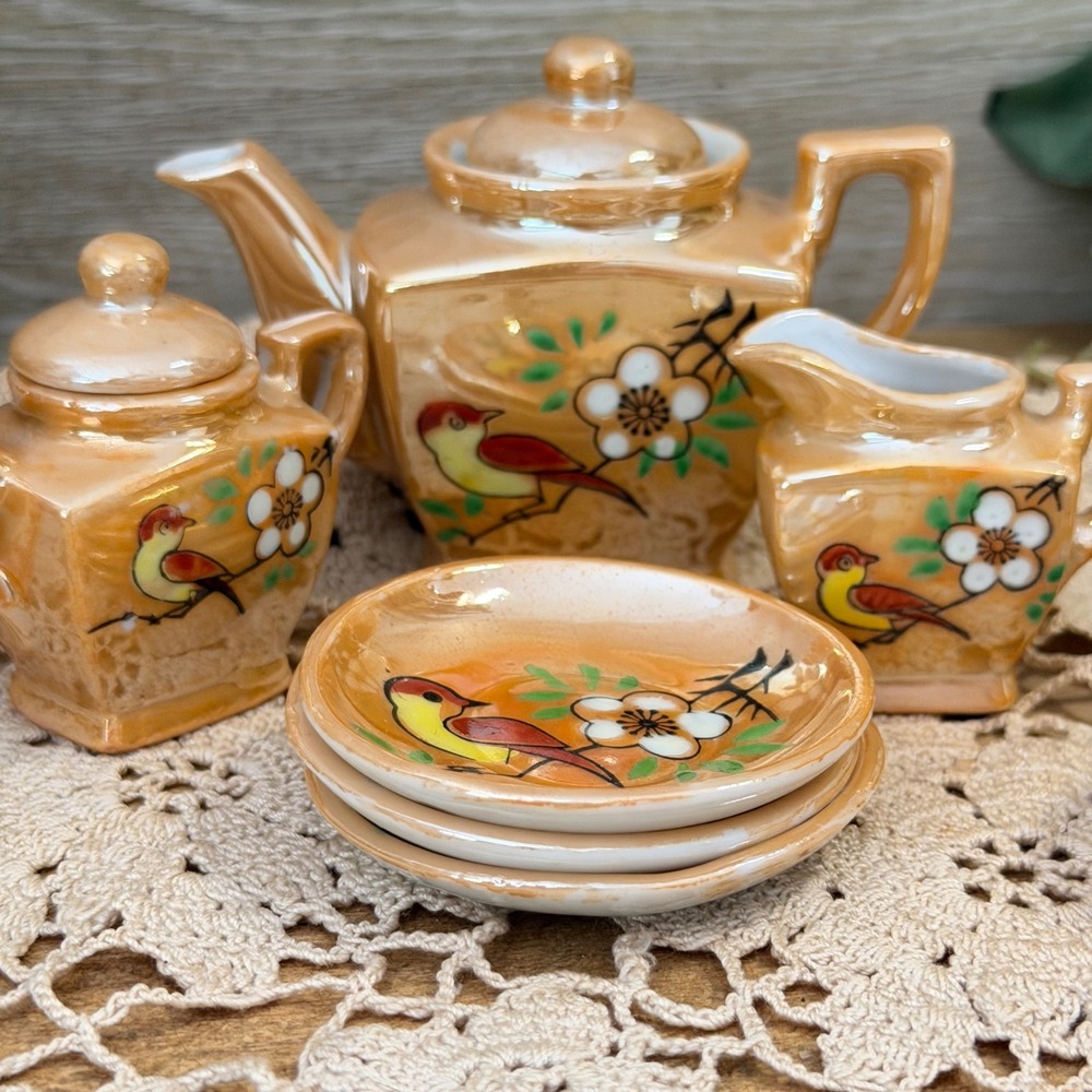 11pc Vintage KA Made in Occupied Japan Lusterware Miniature Tea Set Bird Floral